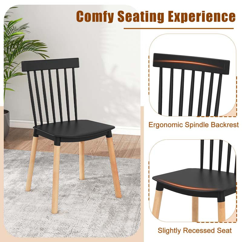 Set of 4 Windsor Dining Chairs, Modern Black Kitchen Chairs w/Spindle Backs & Curved Seats, Solid Wood Legs, Armless Side Chairs for Living Room