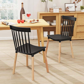 Set of 4 Windsor Dining Chairs, Modern Black Kitchen Chairs w/Spindle Backs & Curved Seats, Solid Wood Legs, Armless Side Chairs for Living Room