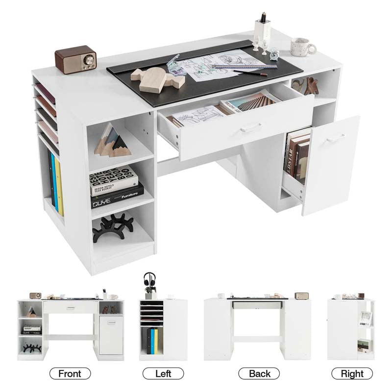 53" Artwork Sewing Craft Table Sewing Station Desk, Multipurpose Sewing Machine Cabinet with Drawers & Open Storage Shelves