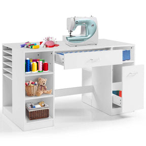 53" Artwork Sewing Craft Table Sewing Station Desk, Multipurpose Sewing Machine Cabinet with Drawers & Open Storage Shelves