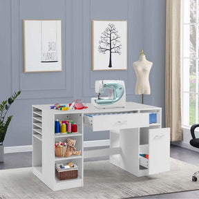 53" Artwork Sewing Craft Table Sewing Station Desk, Multipurpose Sewing Machine Cabinet with Drawers & Open Storage Shelves