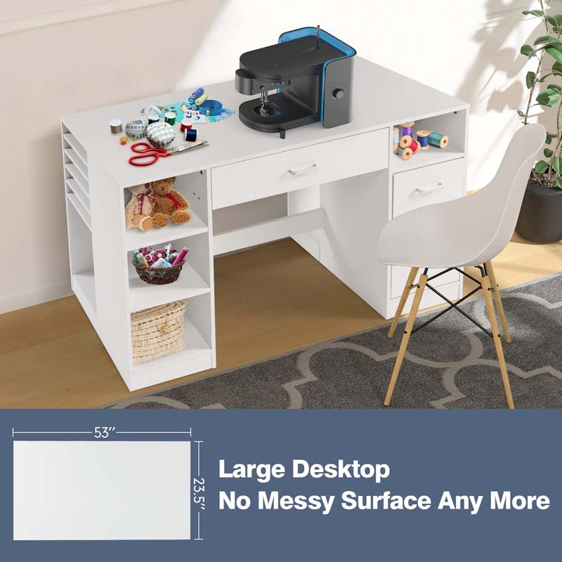 53" Artwork Sewing Craft Table Sewing Station Desk, Multipurpose Sewing Machine Cabinet with Drawers & Open Storage Shelves