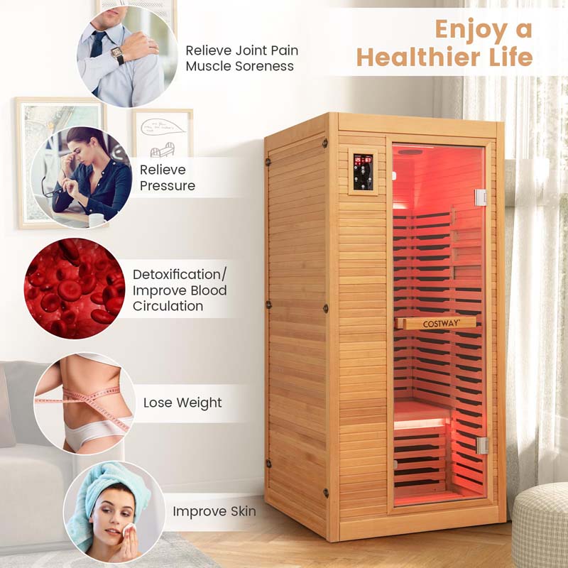 1-Person Far Infrared Wooden Sauna for Home, Tempered Door Canadian Hemlock Indoor Sauna Room w/Bluetooth Speakers, Oxygen Ionizer