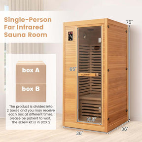 1-Person Far Infrared Wooden Sauna for Home, Tempered Door Canadian Hemlock Indoor Sauna Room w/Bluetooth Speakers, Oxygen Ionizer