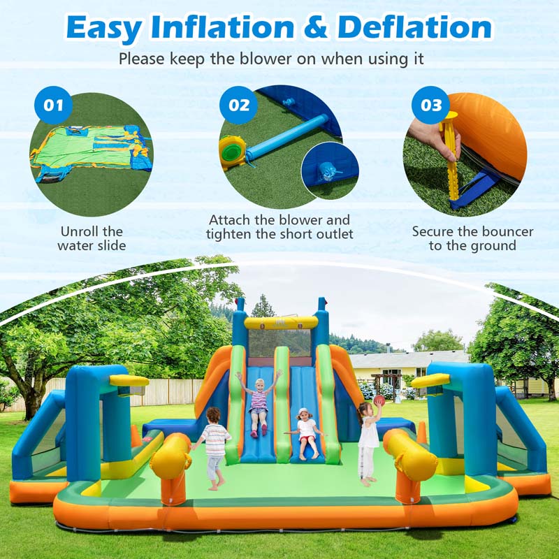 Soccer Themed Kids Inflatable Water Slide Blow up Water Park w/2 Long Slides & Climbing Walls, 2 Soccer Gates & Canons, Giant Splash Pool