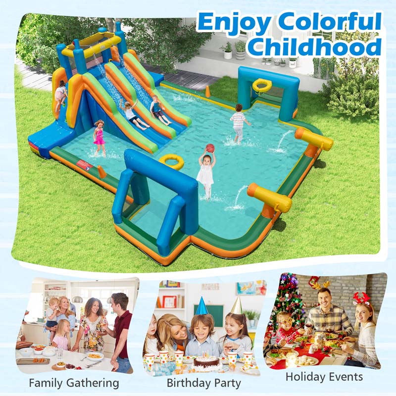 Soccer Themed Kids Inflatable Water Slide Blow up Water Park w/2 Long Slides & Climbing Walls, 2 Soccer Gates & Canons, Giant Splash Pool