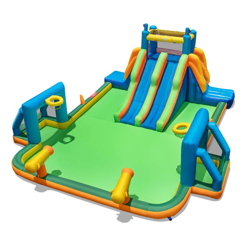 Soccer Themed Kids Inflatable Water Slide Blow up Water Park w/2 Long Slides & Climbing Walls, 2 Soccer Gates & Canons, Giant Splash Pool