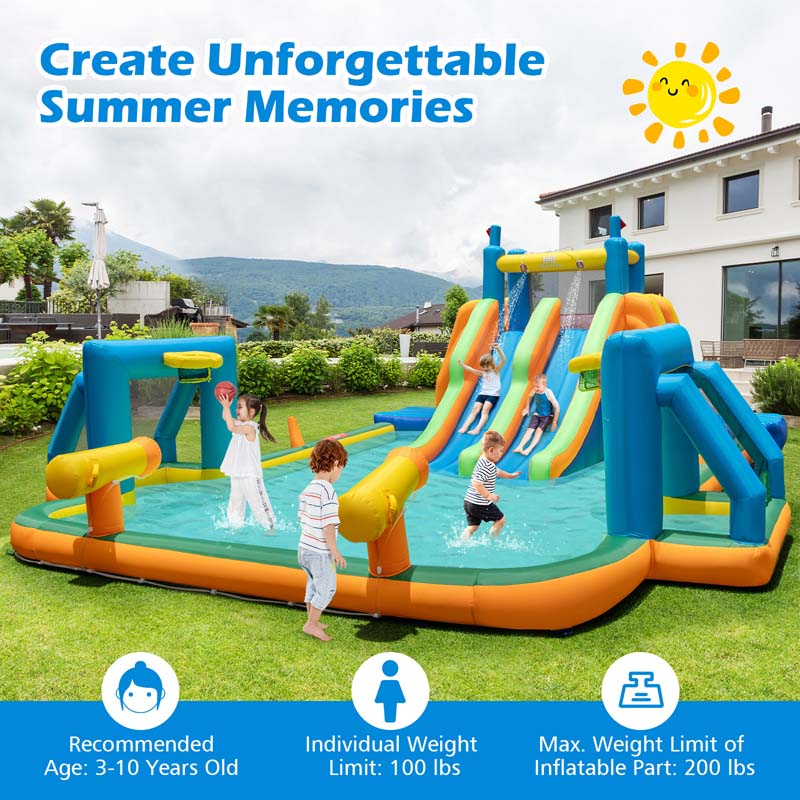 Soccer Themed Kids Inflatable Water Slide Blow up Water Park w/2 Long Slides & Climbing Walls, 2 Soccer Gates & Canons, Giant Splash Pool