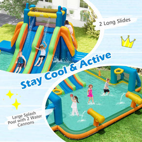 Soccer Themed Kids Inflatable Water Slide Blow up Water Park w/2 Long Slides & Climbing Walls, 2 Soccer Gates & Canons, Giant Splash Pool