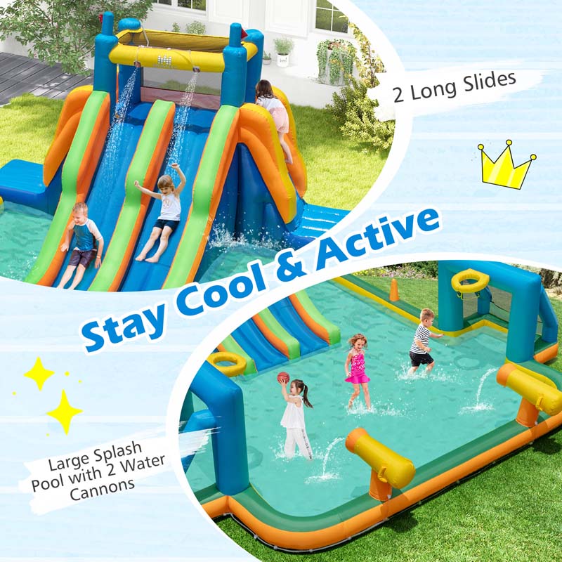 Soccer Themed Kids Inflatable Water Slide Blow up Water Park w/2 Long Slides & Climbing Walls, 2 Soccer Gates & Canons, Giant Splash Pool