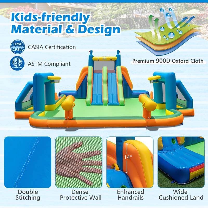 Soccer Themed Kids Inflatable Water Slide Blow up Water Park w/2 Long Slides & Climbing Walls, 2 Soccer Gates & Canons, Giant Splash Pool