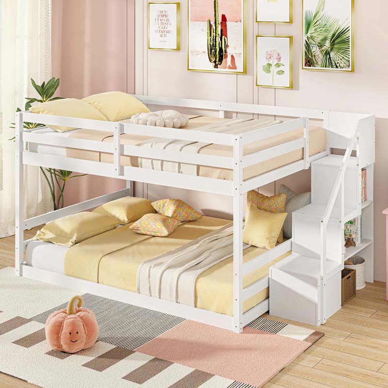 Full Over Full Bunk Bed with Storage Stairs, Solid Wood Floor Bunk Bed with Full-Length Guardrails, Low Bunk Bed with for Kids Teens Adults