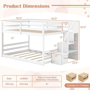 Full Over Full Bunk Bed with Storage Stairs, Solid Wood Floor Bunk Bed with Full-Length Guardrails, Low Bunk Bed with for Kids Teens Adults