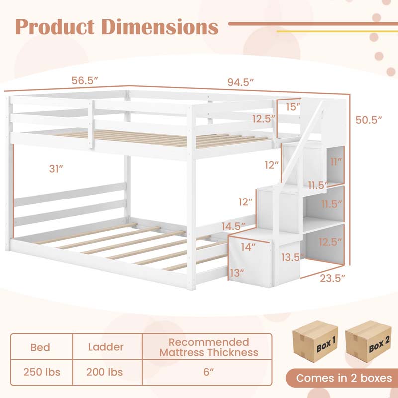 Full Over Full Bunk Bed with Storage Stairs, Solid Wood Floor Bunk Bed with Full-Length Guardrails, Low Bunk Bed with for Kids Teens Adults