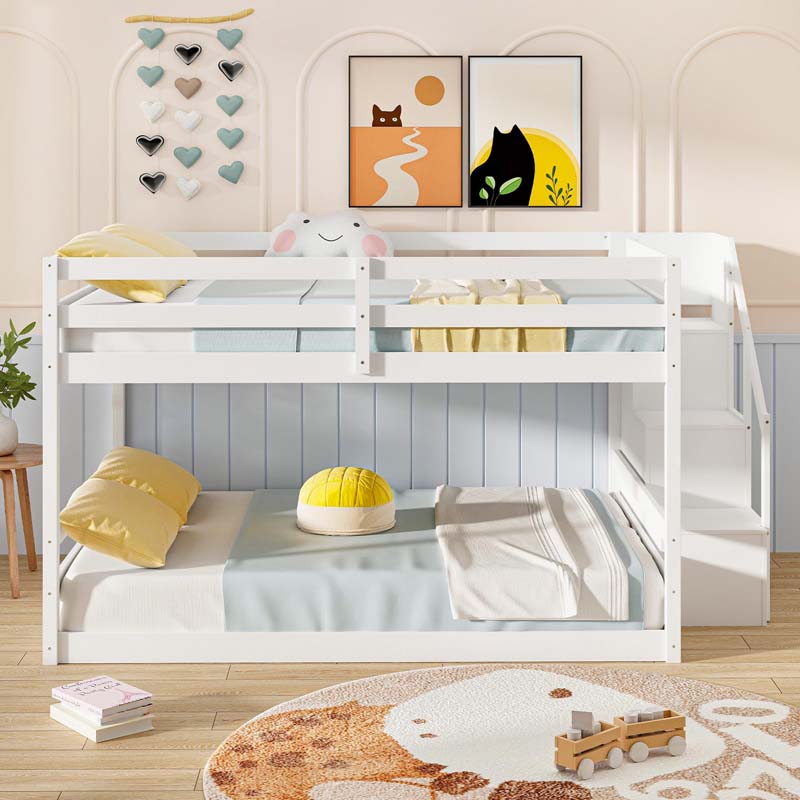 Full Over Full Bunk Bed with Storage Stairs, Solid Wood Floor Bunk Bed with Full-Length Guardrails, Low Bunk Bed with for Kids Teens Adults