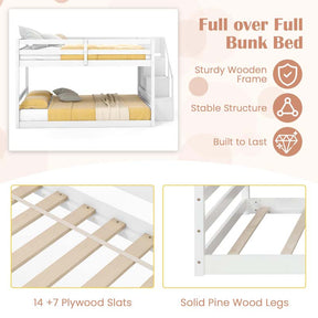 Full Over Full Bunk Bed with Storage Stairs, Solid Wood Floor Bunk Bed with Full-Length Guardrails, Low Bunk Bed with for Kids Teens Adults