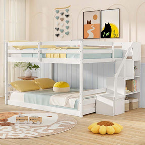 Full Over Full Bunk Bed with Storage Stairs, Solid Wood Floor Bunk Bed with Full-Length Guardrails, Low Bunk Bed with for Kids Teens Adults