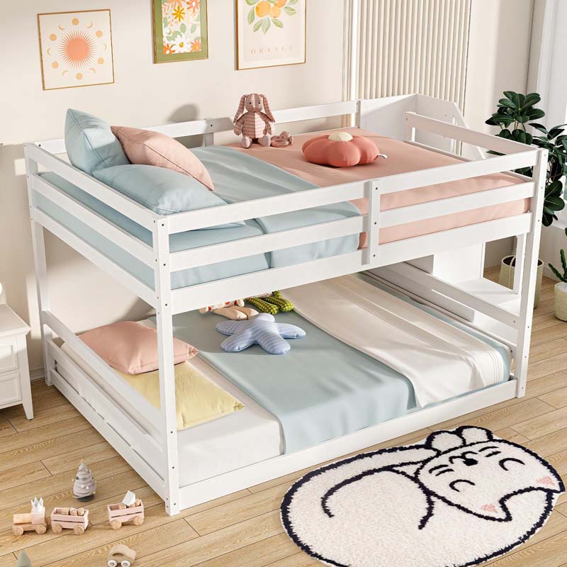 Full Over Full Bunk Bed with Storage Stairs, Solid Wood Floor Bunk Bed with Full-Length Guardrails, Low Bunk Bed with for Kids Teens Adults