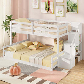 Twin Over Full Bunk Bed with Storage Stairs, Solid Wood Floor Bunk Bed with Full-Length Guardrails, Low Bunk Bed with for Kids Teens Adults