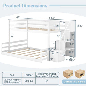 Twin Over Full Bunk Bed with Storage Stairs, Solid Wood Floor Bunk Bed with Full-Length Guardrails, Low Bunk Bed with for Kids Teens Adults