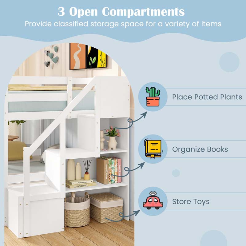 Twin Over Full Bunk Bed with Storage Stairs, Solid Wood Floor Bunk Bed with Full-Length Guardrails, Low Bunk Bed with for Kids Teens Adults