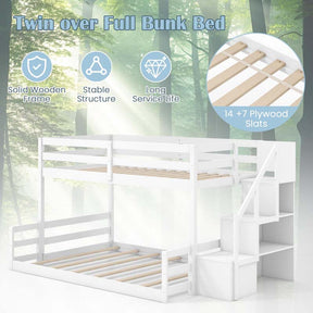 Twin Over Full Bunk Bed with Storage Stairs, Solid Wood Floor Bunk Bed with Full-Length Guardrails, Low Bunk Bed with for Kids Teens Adults