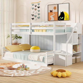 Twin Over Full Bunk Bed with Storage Stairs, Solid Wood Floor Bunk Bed with Full-Length Guardrails, Low Bunk Bed with for Kids Teens Adults