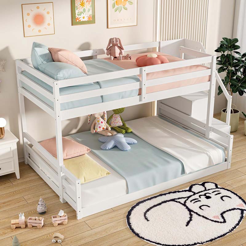 Twin Over Full Bunk Bed with Storage Stairs, Solid Wood Floor Bunk Bed with Full-Length Guardrails, Low Bunk Bed with for Kids Teens Adults