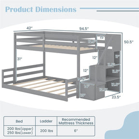 Twin Over Full Bunk Bed with Storage Stairs, Solid Wood Floor Bunk Bed with Full-Length Guardrails, Low Bunk Bed with for Kids Teens Adults