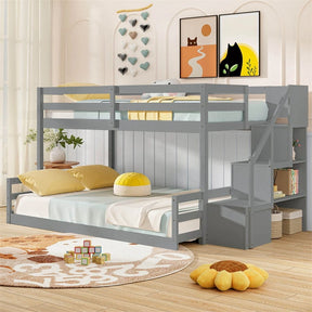 Twin Over Full Bunk Bed with Storage Stairs, Solid Wood Floor Bunk Bed with Full-Length Guardrails, Low Bunk Bed with for Kids Teens Adults
