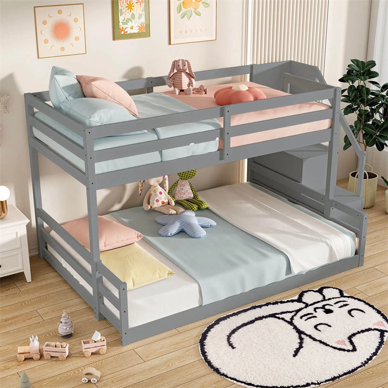 Twin Over Full Bunk Bed with Storage Stairs, Solid Wood Floor Bunk Bed with Full-Length Guardrails, Low Bunk Bed with for Kids Teens Adults