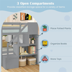 Twin Over Full Bunk Bed with Storage Stairs, Solid Wood Floor Bunk Bed with Full-Length Guardrails, Low Bunk Bed with for Kids Teens Adults