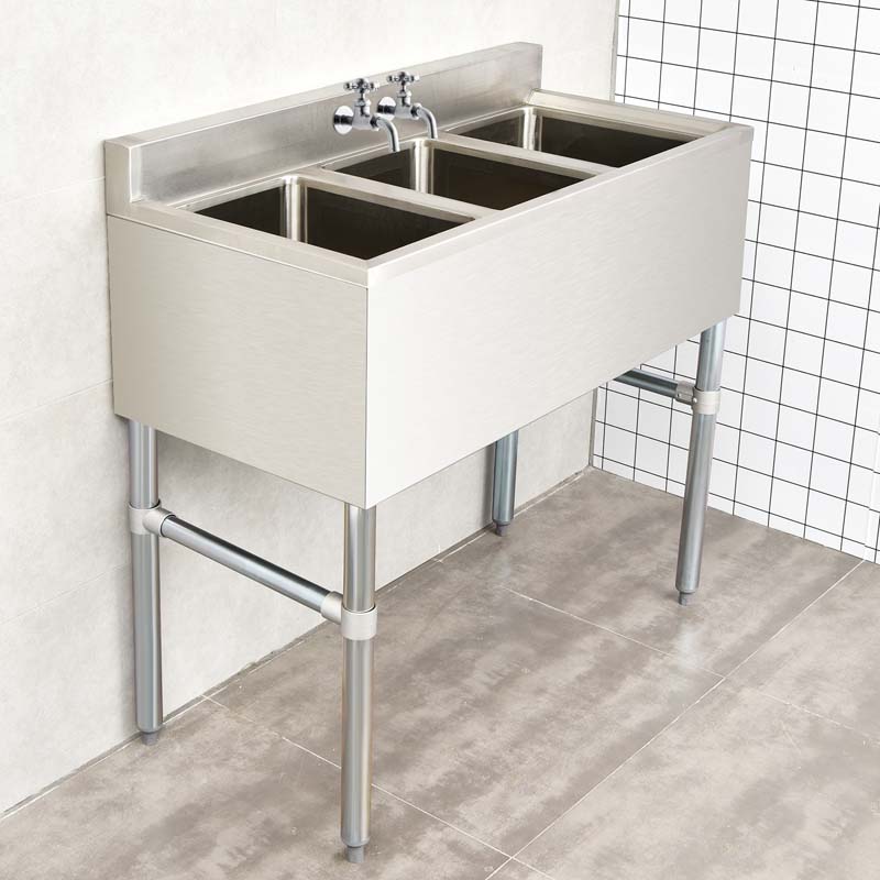 3 Compartment Commercial Stainless Steel Utility Sink, Freestanding Triple Bowl Kitchen Sink with 3 Basket Strainer Drains
