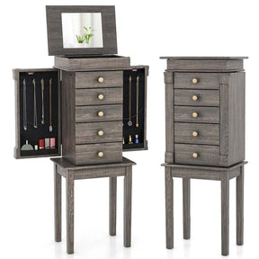 Top Flip Mirrored Jewelry Armoire w/5 Drawers, 2 Side Doors, Washed Gray Standing Wood Jewelry Storage Cabinet for Bedroom Dressing Room