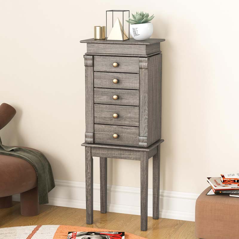 Top Flip Mirrored Jewelry Armoire w/5 Drawers, 2 Side Doors, Washed Gray Standing Wood Jewelry Storage Cabinet for Bedroom Dressing Room