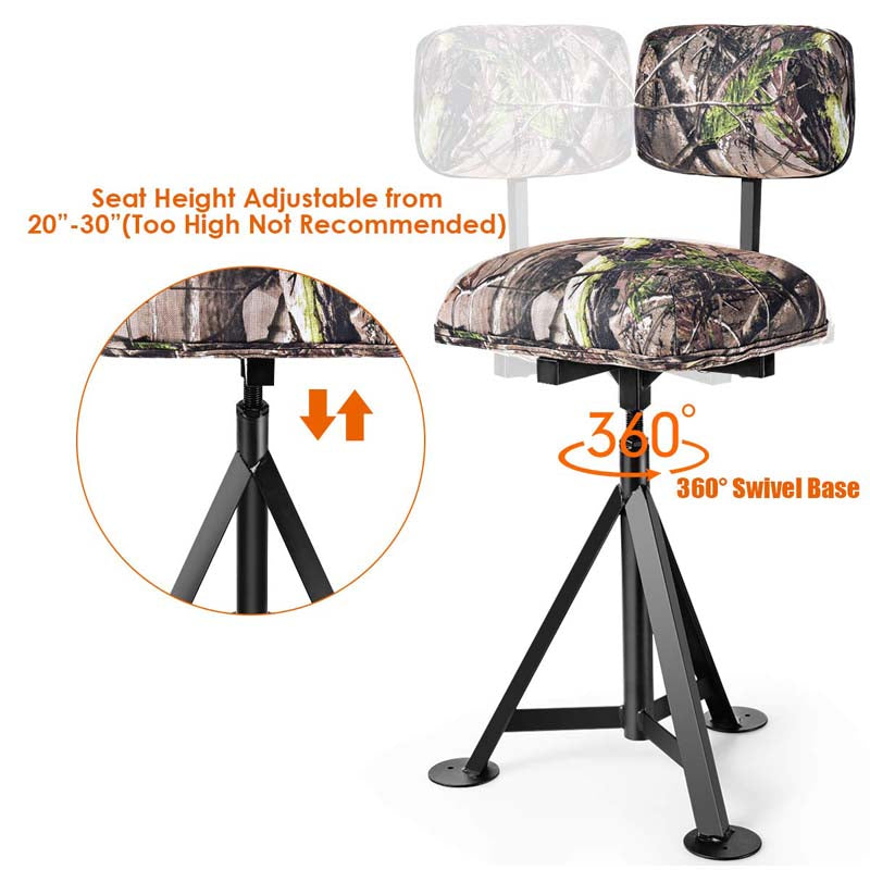 360° Camo Swivel Hunting Chair for Outdoor Activities, Height Adjustable Tripod Blind Stool Chair with Detachable Backrest, Padded seat