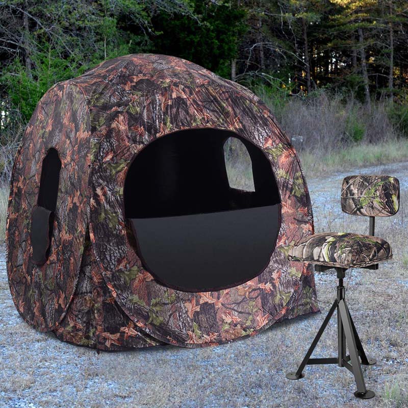 360° Camo Swivel Hunting Chair for Outdoor Activities, Height Adjustable Tripod Blind Stool Chair with Detachable Backrest, Padded seat