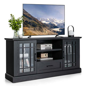 62" Farmhouse TV Stand for TV up to 70 Inch, Entertainment Center Tall Media Console Table with 2 Glass Doors, Cubbies & Drawer