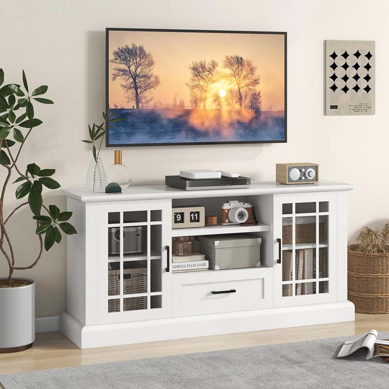 62" Farmhouse TV Stand for TV up to 70 Inch, Entertainment Center Tall Media Console Table with 2 Glass Doors, Cubbies & Drawer