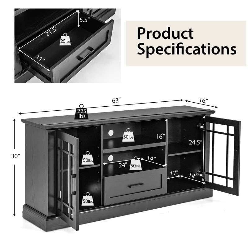 62" Farmhouse TV Stand for TV up to 70 Inch, Entertainment Center Tall Media Console Table with 2 Glass Doors, Cubbies & Drawer