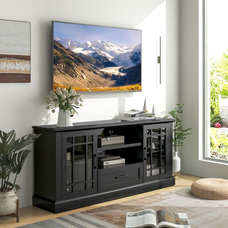 62" Farmhouse TV Stand for TV up to 70 Inch, Entertainment Center Tall Media Console Table with 2 Glass Doors, Cubbies & Drawer