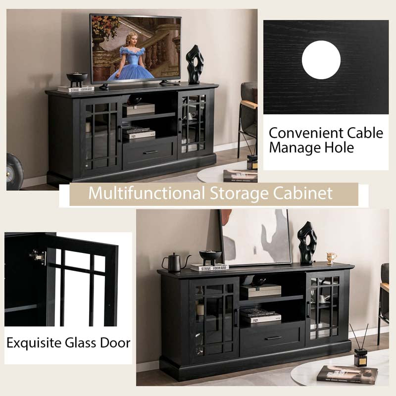 62" Farmhouse TV Stand for TV up to 70 Inch, Entertainment Center Tall Media Console Table with 2 Glass Doors, Cubbies & Drawer