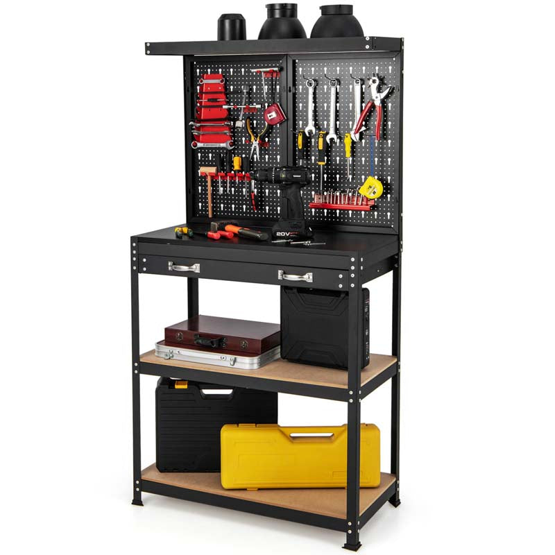 32" x 16" Tool Storage Workbench with Pegboard & 14 Hanging Kits, 220 LBS Heavy-Duty Work Table for Workshop Garage