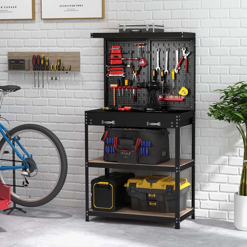 32" x 16" Tool Storage Workbench with Pegboard & 14 Hanging Kits, 220 LBS Heavy-Duty Work Table for Workshop Garage