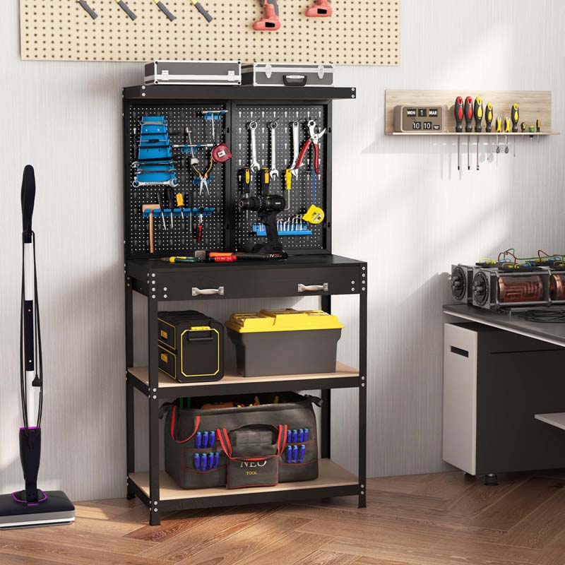 32" x 16" Tool Storage Workbench with Pegboard & 14 Hanging Kits, 220 LBS Heavy-Duty Work Table for Workshop Garage