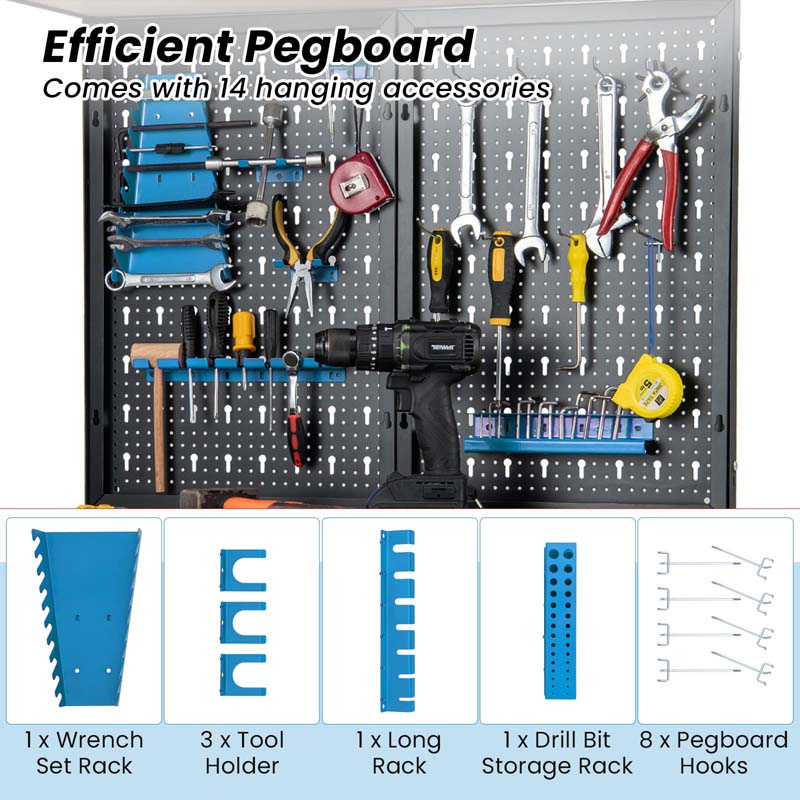 32" x 16" Tool Storage Workbench with Pegboard & 14 Hanging Kits, 220 LBS Heavy-Duty Work Table for Workshop Garage