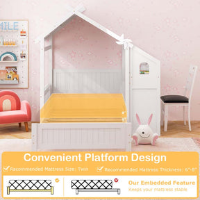 Kids Teens Twin House Bed with Desk & Chair, Wood Kids Playhouse Bed with 2 Drawers, Windmill, Fence & Headboard