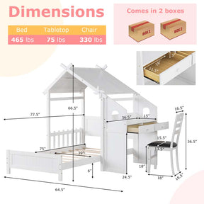 Kids Teens Twin House Bed with Desk & Chair, Wood Kids Playhouse Bed with 2 Drawers, Windmill, Fence & Headboard