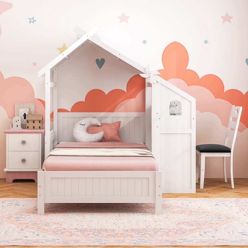 Kids Teens Twin House Bed with Desk & Chair, Wood Kids Playhouse Bed with 2 Drawers, Windmill, Fence & Headboard