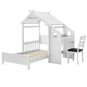 Kids Teens Twin House Bed with Desk & Chair, Wood Kids Playhouse Bed with 2 Drawers, Windmill, Fence & Headboard